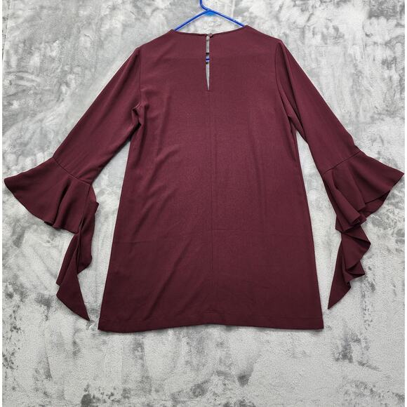 Leith Dress Womens M Red Burgundy Shift Mini Keyhole Long Ruffled Bell Sleeves - Picture 3 of 9